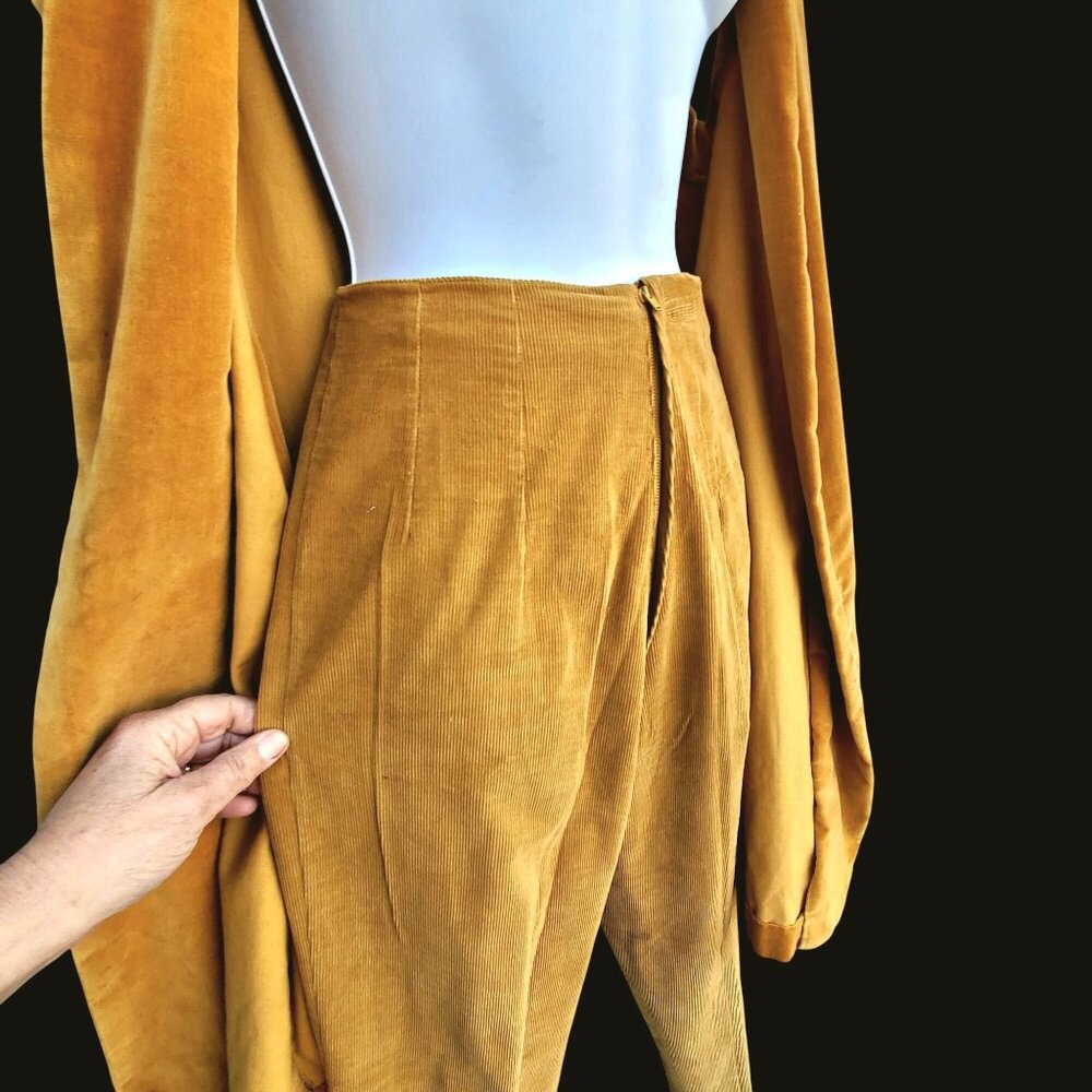 50s Pant Set Yellow Corduroy Velvet XS 21 Inch Waist - Picture 9 of 14
